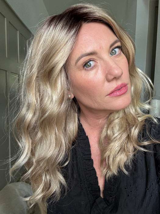 Jenny B. @thewiggygirl wearing MAYA by ENVY BY ALAN EATON in color CHAMPAGNE SHADOW | Soft Dark Blonde with Platinum Highlights and Chestnut Roots