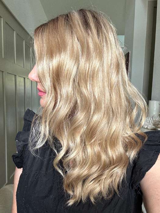 Jenny B. @thewiggygirl wearing MAYA by ENVY BY ALAN EATON in color CHAMPAGNE SHADOW | Soft Dark Blonde with Platinum Highlights and Chestnut Roots