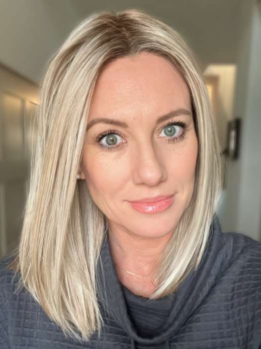 Jenny B. @thewiggygirl wearing DRIVE by ELLEN WILLE in color PEARL BLONDE ROOTED 101.24.20 | Pearl Platinum, Dark Ash Blonde, and Medium Honey Blonde mix
