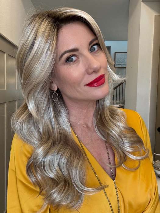 Jenny B. @thewiggygirl wearing AMBER by JON RENAU in color FS17/101S18 PALM SPRINGS BLONDE | Light Ash Blonde with Pure White Natural Violet Bold Highlights, Shaded with Dark Natural Ash Blonde