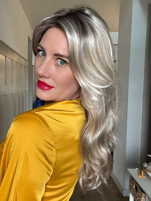 Jenny B. @thewiggygirl wearing AMBER by JON RENAU in color FS17/101S18 PALM SPRINGS BLONDE | Light Ash Blonde with Pure White Natural Violet Bold Highlights, Shaded with Dark Natural Ash Blonde