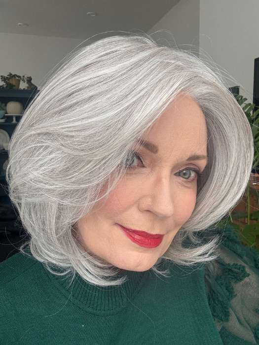 Mel B. @mels.be.ageless wearing UPSTAGE by RAQUEL WELCH WIGS in color RL56/60 SILVER MIST | Lightest Grey Evenly Blended with Pure White