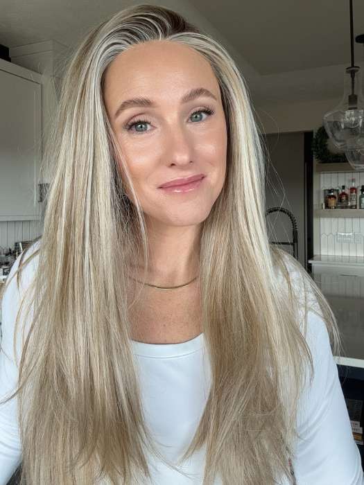 Carlyn @carlynwilson84 wearing STAY THE NIGHT by RAQUEL WELCH WIGS in color RL19/23SS SHADED BISCUIT | Light Ash Blonde Evenly Blended with Cool Platinum Blonde with Dark Roots
