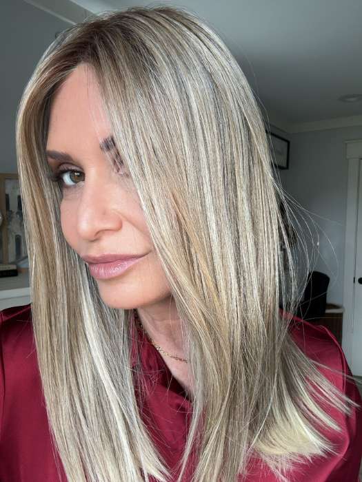 Emily H. @she_sheds_more wearing SLEEK by ELLEN WILLE in color SANDY BLONDE ROOTED 16.22.20 | Medium Blonde, Light Neutral Blonde, and Light Strawberry Blonde Blend with Shaded Roots