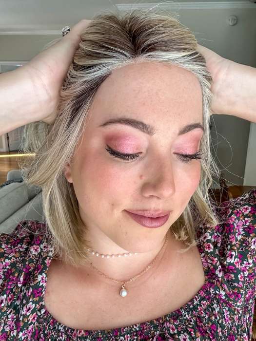 Jen @being_mrs_brown wearing HAUTE by JON RENAU in color 22F16S8 VENICE BLONDE | Light Ash Blonde and Light Natural Blonde Blend Shaded with Medium Brown
