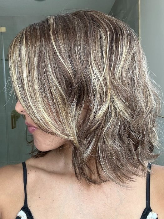 Lorena @faux.hurr.lifee wearing MELLOW by ESTETICA DESIGNS in color CKISSRT4 | Golden Brown with Copper Blonde Highlights and Dark Brown Roots